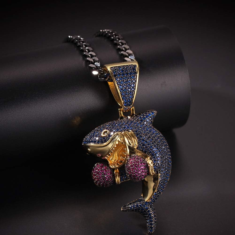 JAJAFOOK Hip Hop Jewelry Iced Out Boxing Shark Pendant 18K Gold Plated Creative Personalized Necklace for Men Women, 24" Chain