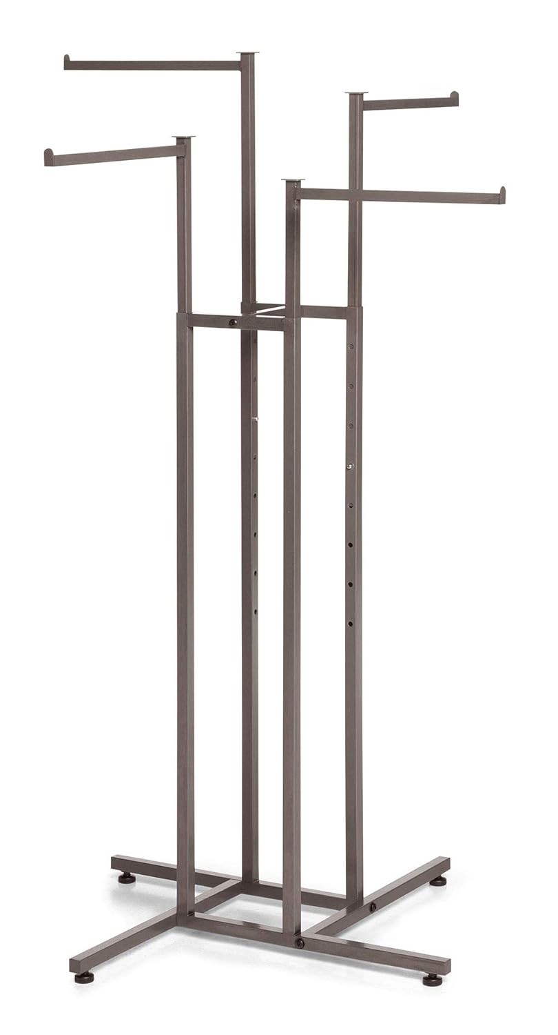 SSWBasics 4-Way Clothing Display Rack, Raw Steel, Straight Arms - Ideal Retail Clothing Rack for Organizing and Showcasing Garments, Durable and Versatile Clothing Display Solution