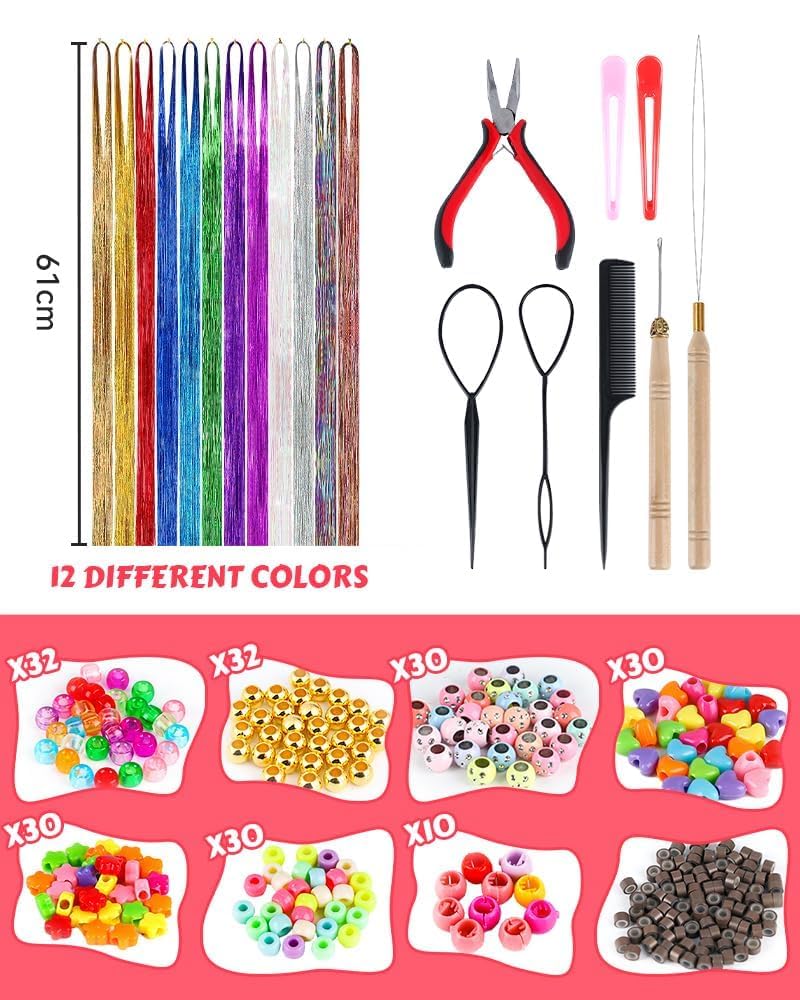 Tinsel Lametta przedłużanie włosów, 120 cm, kolorowe włosy, na Halloween, Boże Narodzenie, ozdoba do włosów, dekoracja z narzędziami, silikonowe pierścienie, koraliki, 12 kolorów, 2400 pasemek