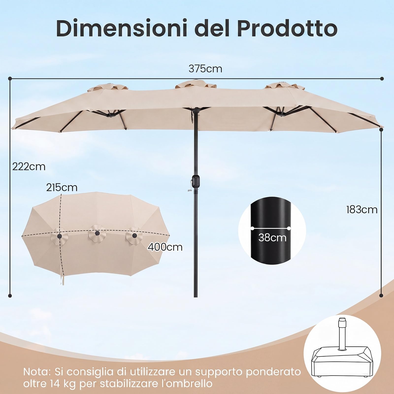 COSTWAY Ombrellone da Giardino Doppio 375 x 215 cm, con Manovella, Anti-UV, 12 Stecche Metalliche, per Terrazza, Piscina e Cortile (Beige, 375 x 215 cm non luci)