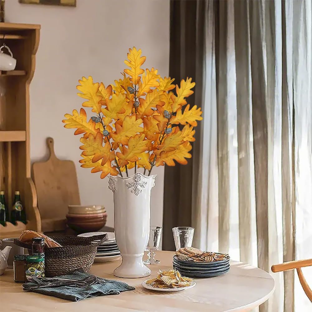 5 Pcs Artificial Fall Oak Leaves Stems 19.6” Fake Autumn Foliage Branches for Home Kitchen Farmhouse Vase Thanksgiving Table Centerpieces Party Halloween Decor Yellow - Image 5