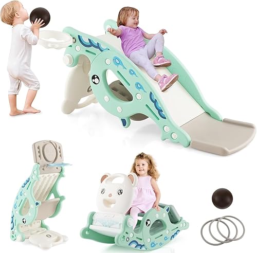 FUTADA - Juguete mecedor 4 en 1 para niños pequeños, tobogán convertible independiente con aro de baloncesto, juego de lanzamiento de anillos,