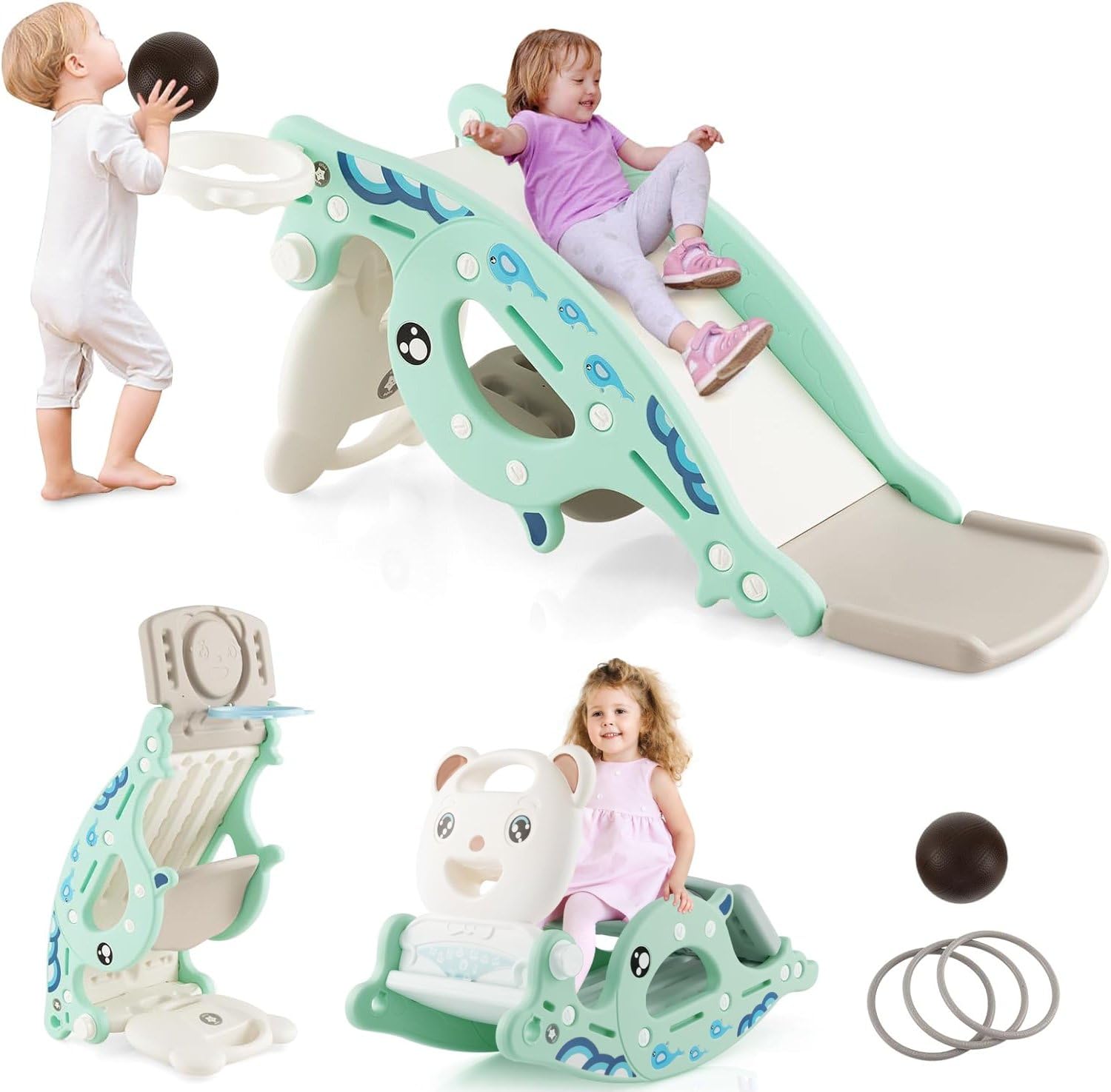 FUTADA 4 in 1 Toddler Slide Rocking Toy, Convertible Freestanding Slide with Basketball Hoop, Ring Toss Game, Rocking Horse, Foldable Climber Slide for Indoor Outdoor Play, Gift for Kids (Green)
