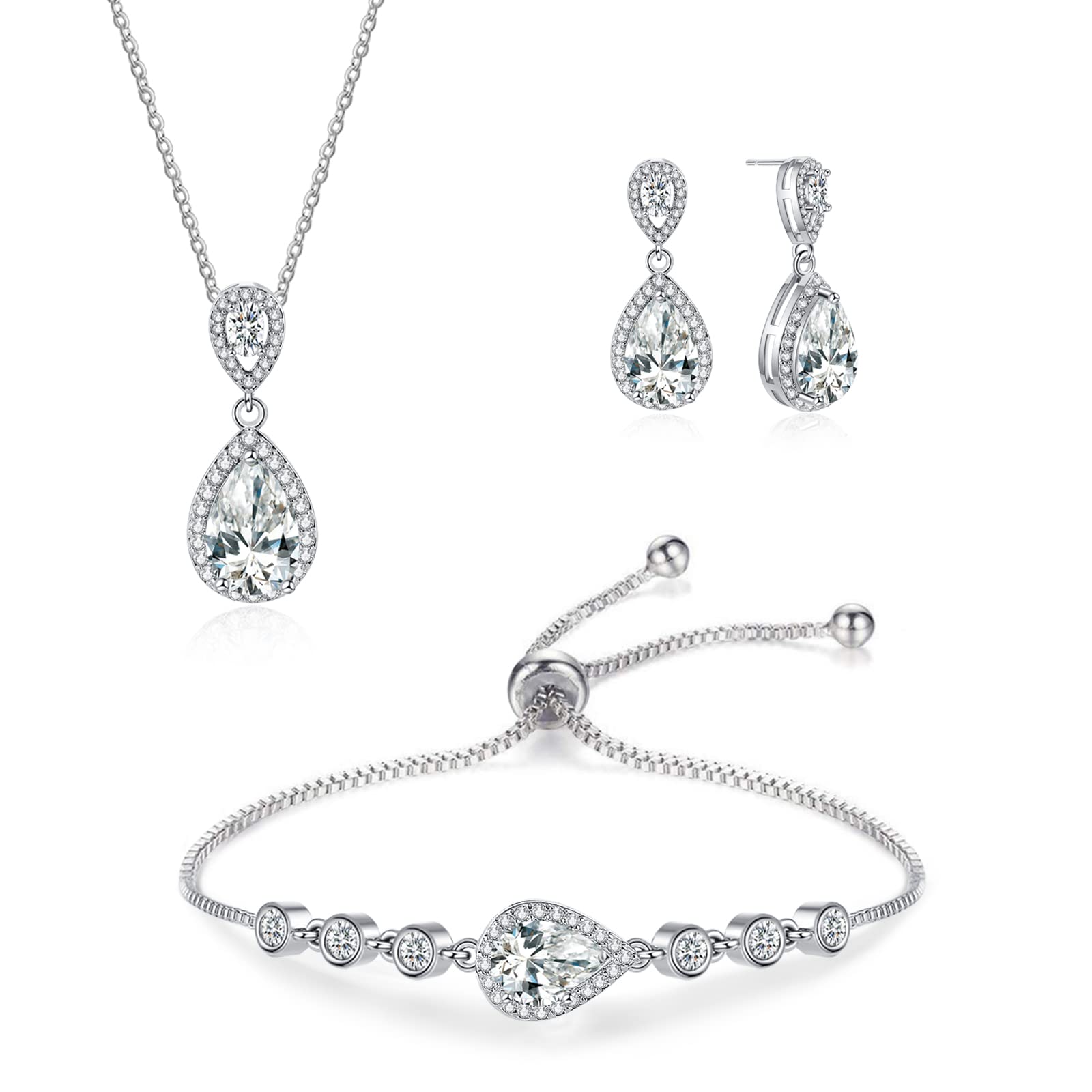 DHQH Set di 4 gioielli da sposa per damigella d'onore con zirconia cubica collana a goccia orecchini braccialetto anello set di gioielli per damigella d'onore per donne gioielli regalo per feste