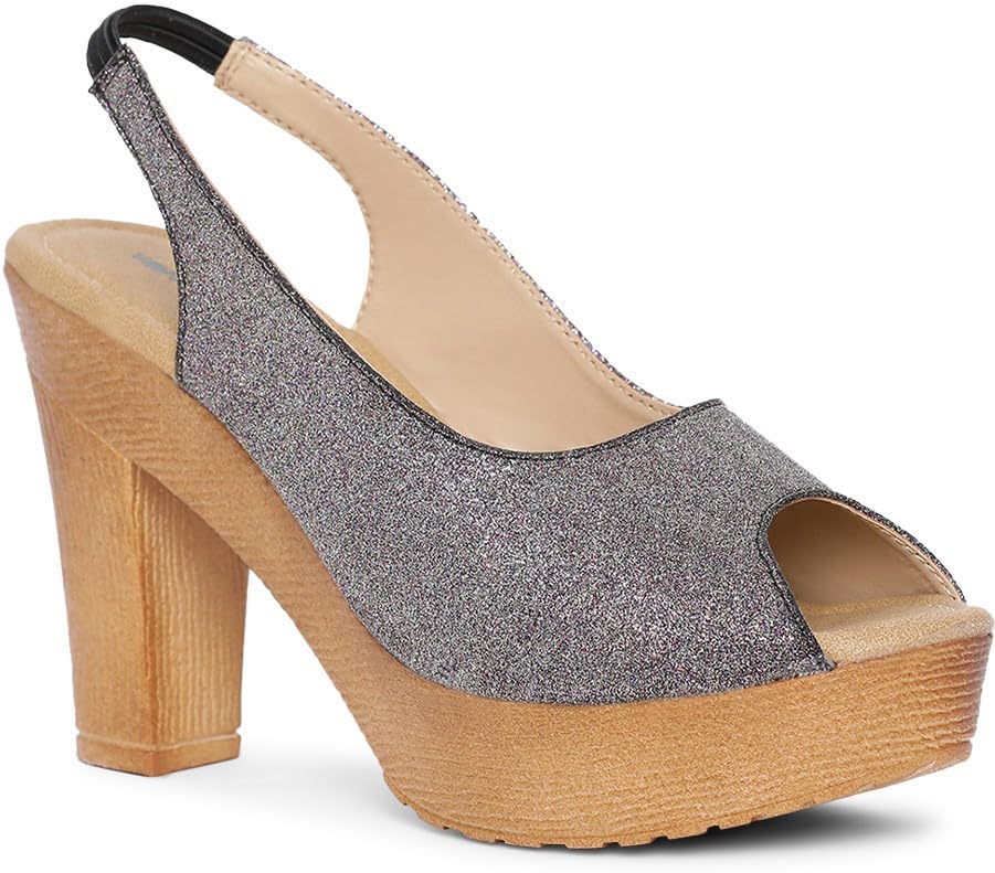 Image of Action Women's Platform Sandals| Block Heel| Glitter Embellished| Grey, Beige