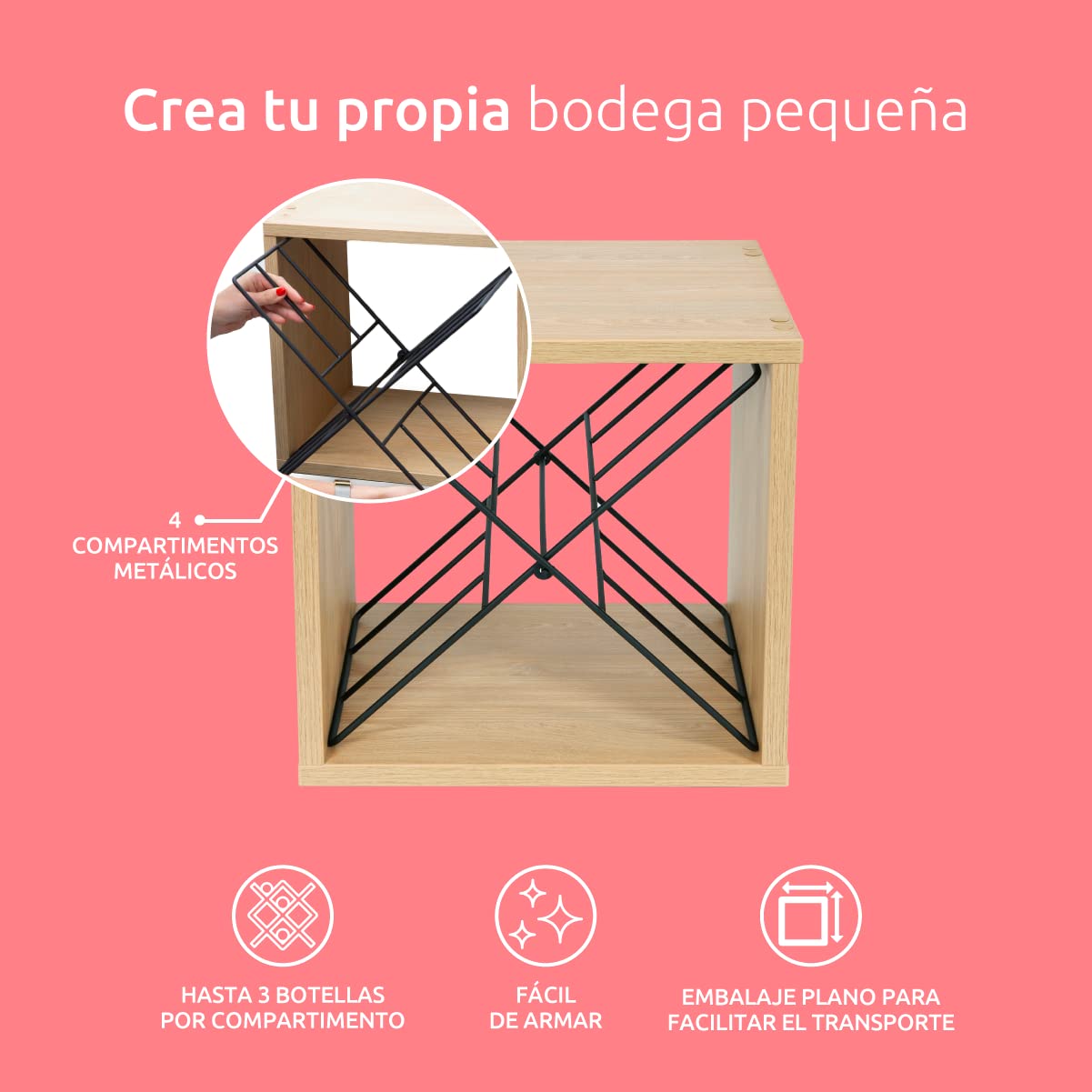 Compactor Cubo de Vino Macon Nature L - Organizador de Botellas, Acabado Natural, 36x30x36,5 cm