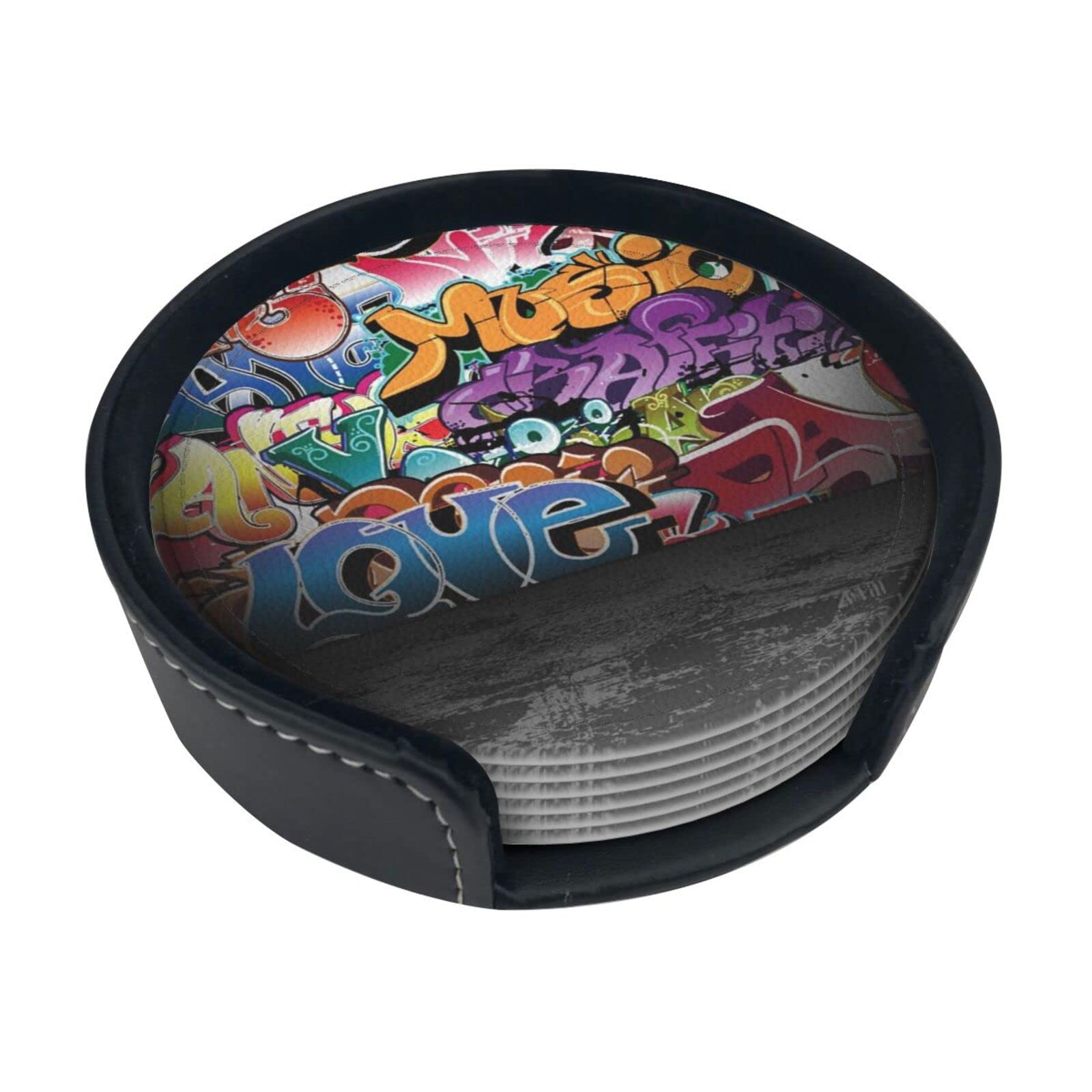 Alteko Graffiti Hip Hop Coasters Set Of 6 Print Leather Coasters For Drinks,Home Décor And Housewarming Gift