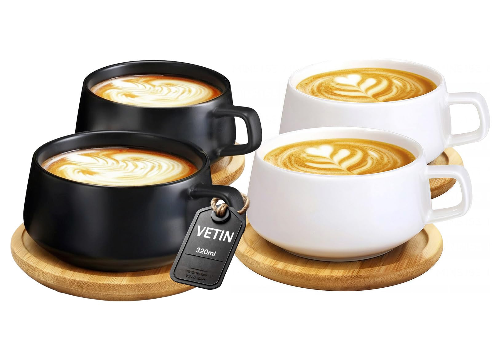 Set of 4 Cappuccino Cups with Saucer, Marble Cup, 300 ml Porcelain Espresso Cups for Tea, Coffee, Cappuccino, Coffee Cups with Wooden Disc (Black x 2 + White x 2)