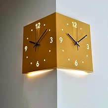 Double Sided Wall Clock, Modern Corner Wall Clock, Sensor Luminous Wall Clocks Decorative with Numeral Scale Battery Operated Silent for Bedroom LivingroomYellow