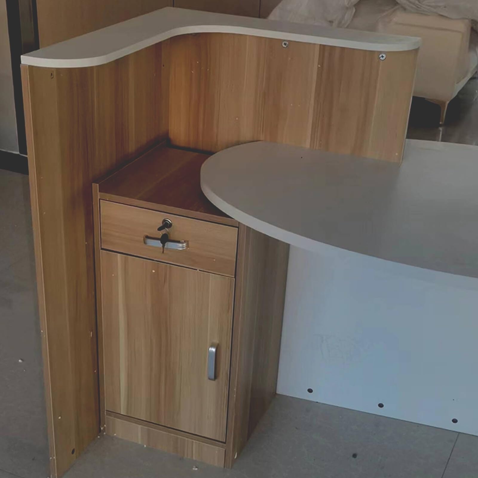 Rezeptionstisch，Modern HöLzerne Kassentheke，Ovaler Schreibtisch, Weich Und Schön, Abschließbare Schubladen, Sicherere Aufbewahrung, Stabil Und Langlebig(White,Left_120CM)