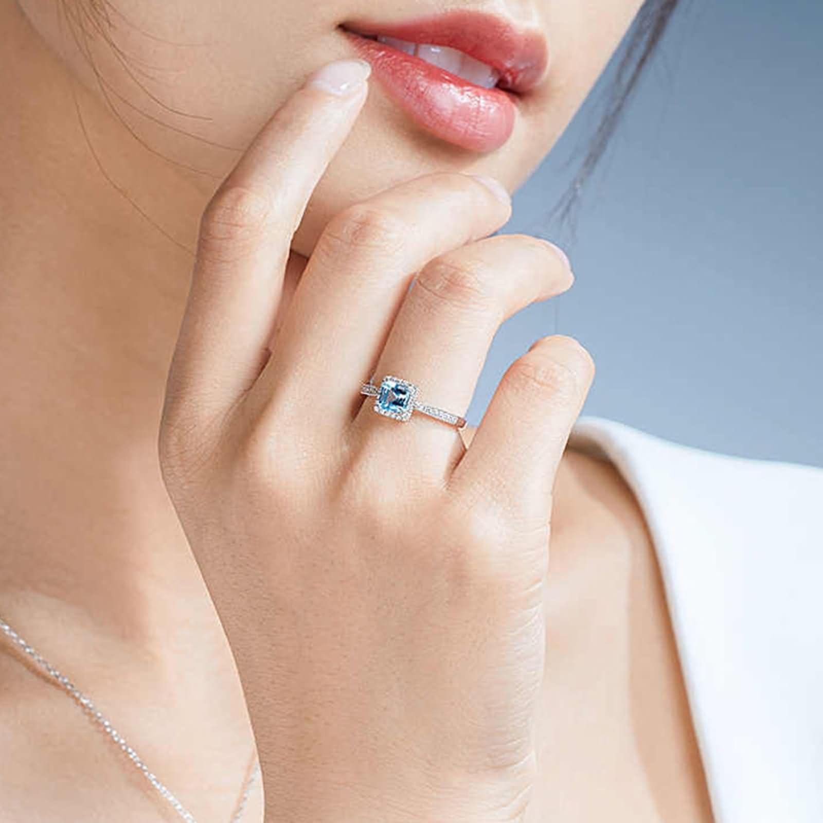 Obrączki ślubne dla kobiet 750 9K / 14K / 18K / 18K, akwamaryn kwadratowy 0,6 ct i 0,16-karatowy diament, pierścionki ślubne damskie jasnosrebrny niebieski