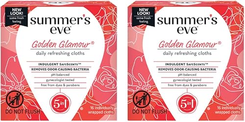 Summer's Eve Golden Glamour - Toallitas femeninas refrescantes diarias, eliminan el olor, pH equilibrado, 16 unidades (paquete de 2)