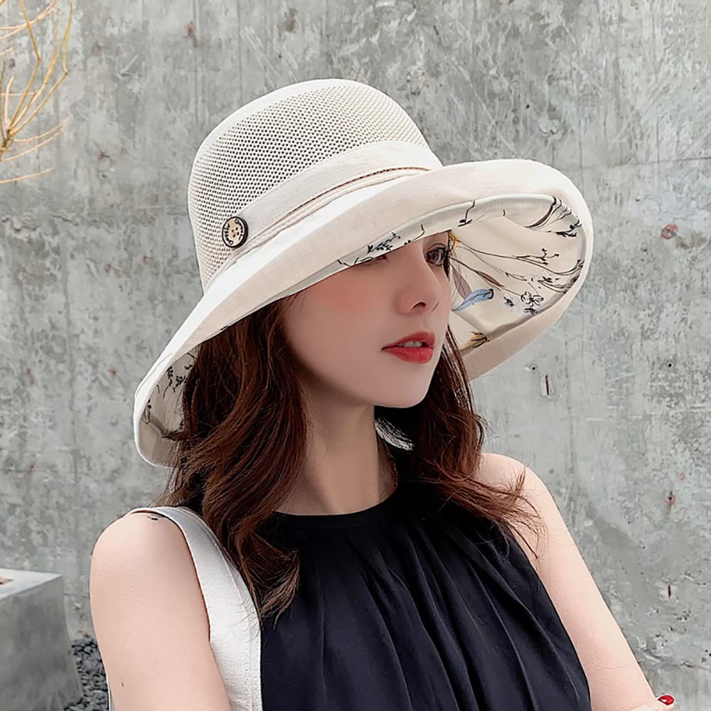 Women Mesh Sun Hats Summer Beach UV Protection UPF Packable Foldable Travel Wide Brim Chin Strap (S1-Beige)