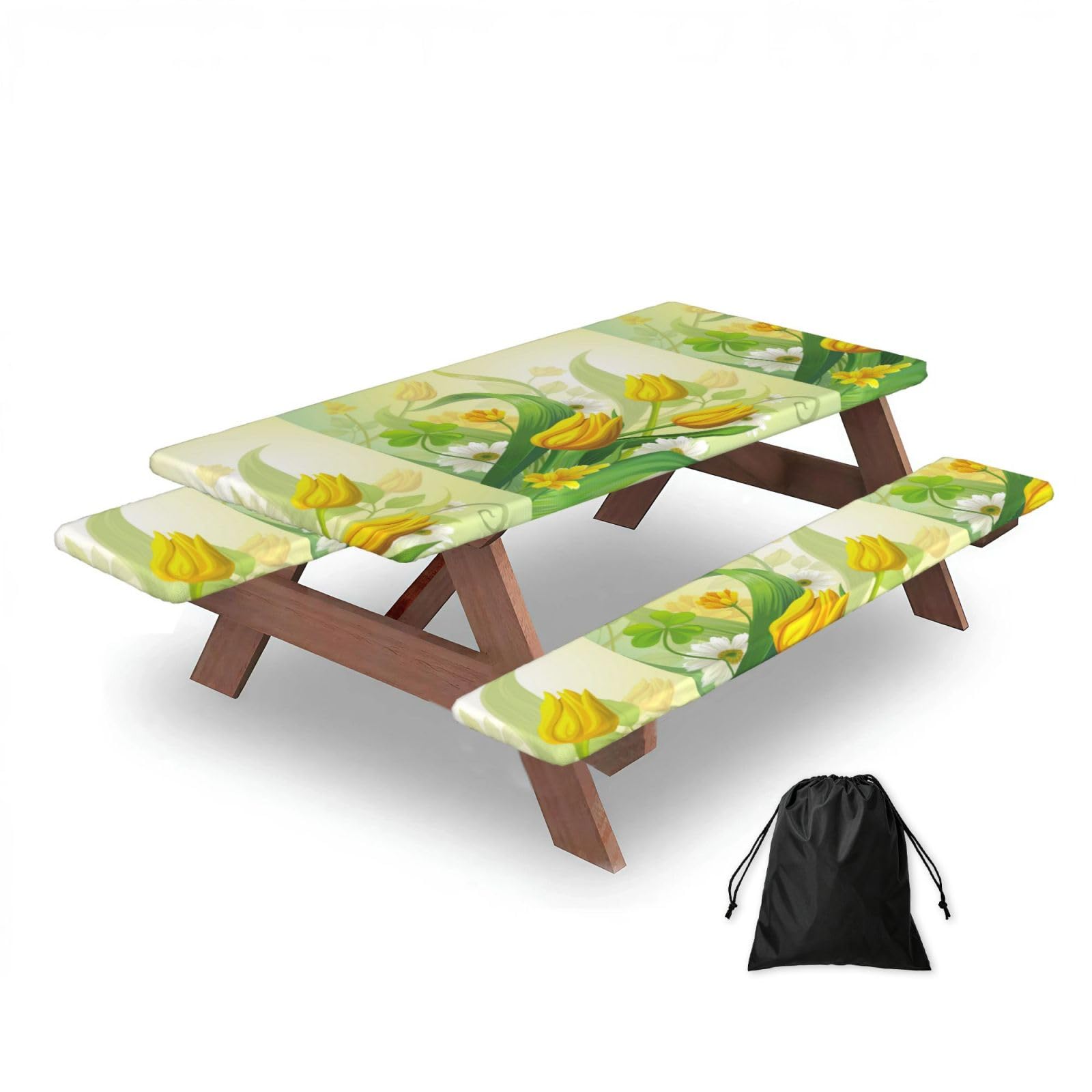 Dopklna As Picture Watercolor Yellow Tulips, Picnic Table Cover With Bench Covers -Waterproof Elastic Fitted Tablecloth For Garden Camping Patio 76X152cm