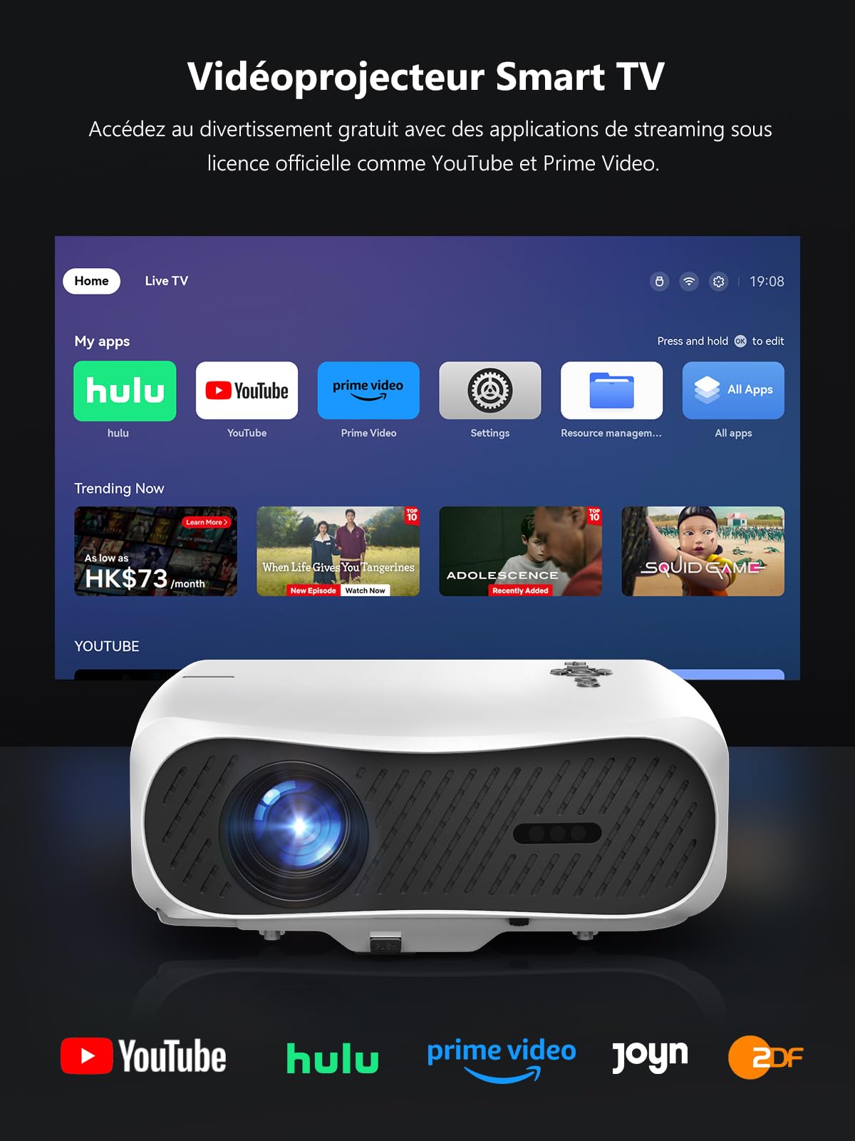 Projecteur Intelligent Lumière du Jour 2400 ANSI, 4K UHD HDR10, Mise au Point TOF, HDMI eARC/CEC, WiFi 6, Bluetooth 5.4, 2x38W, Cinéma Maison, Jeux Vidéo, Projection au Plafond