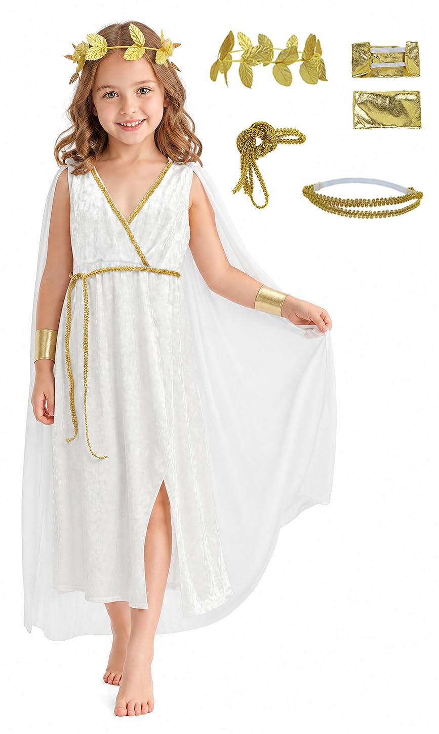 JEGERMIG Girls Greek Goddess Costume, Toga Dress Set with 6 Accessories