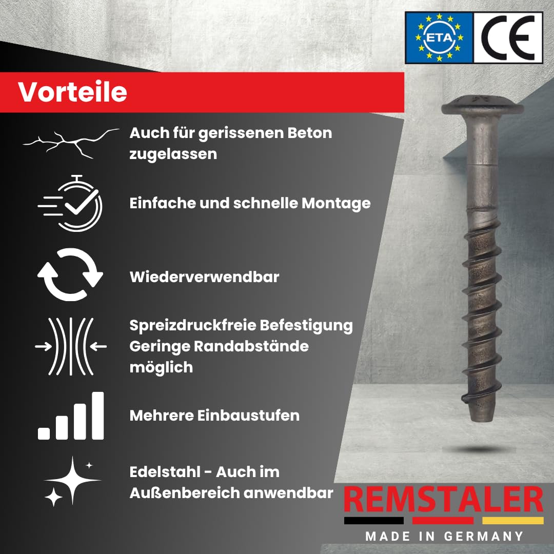 100x Remstaler BETONSCHRAUBE Linsenkopf mit Torx-Antrieb | EDELSTAHL A4 | ETA Zulassung | made in GERMANY | Betonschrauben (6x100)