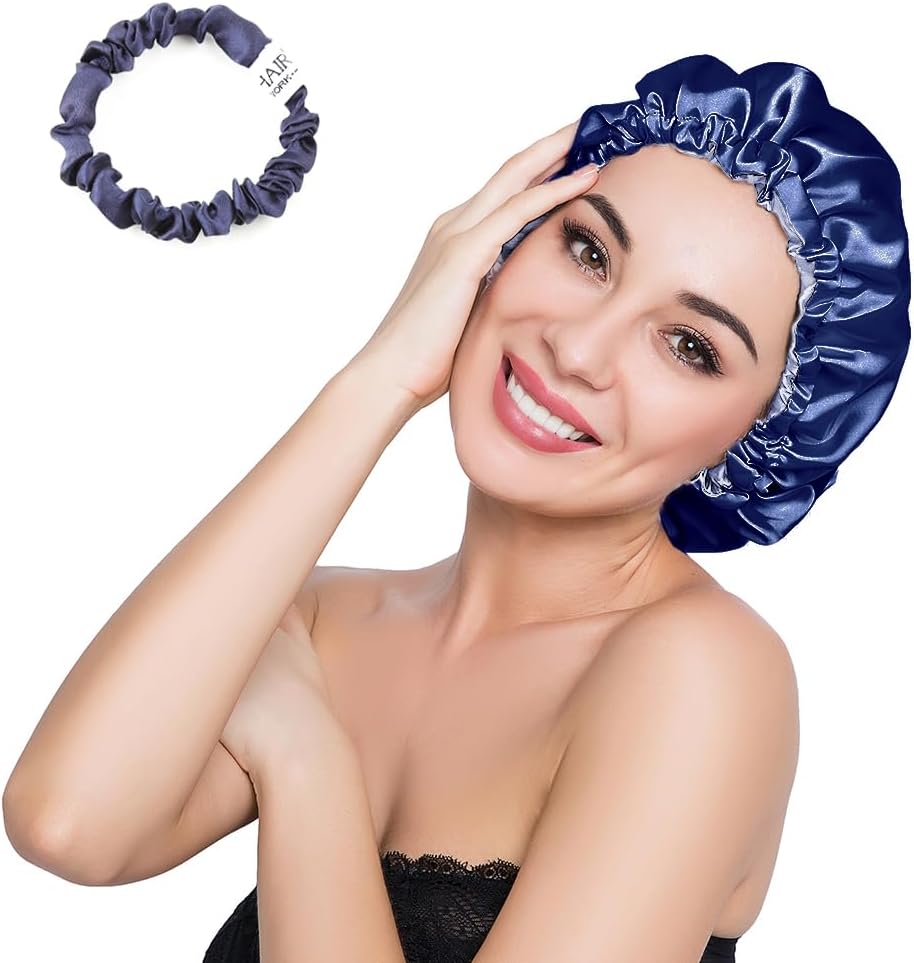 Stain Bonnet Silky Sleep Cap Adjustable Satin Cap for Night Sleeping Hair Bonnet Reversible Double Layer Navy Blue/Light Purple