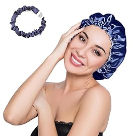 ELIHAIR Stain Bonnet Silky Sleep Cap Adjustable Satin Cap for Night Sleeping Hair Bonnet Reversible Double Layer Navy Blue/Light Purple