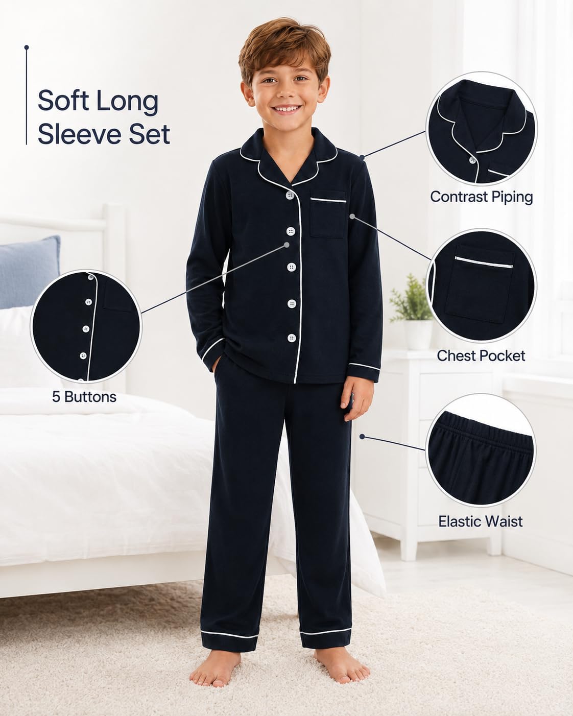 GUISBY Kids Cotton Button Down Long Sleeve Pajama Set, 5-13
