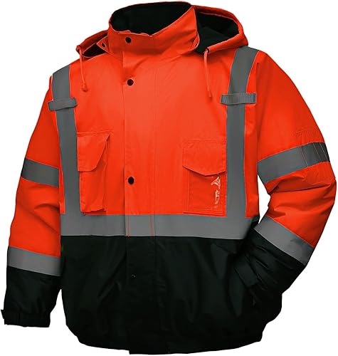 Miniatura 13 de Chaqueta de seguridad para hombre, chaqueta reflectante con capucha de alta visibilidad, chaqueta bomber de alta visibilidad con bolsillos