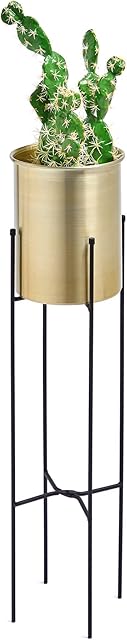BTFY Metal Standing Plant Pot - Gold Brass Colour Planter - Metallic Raised Plant Holder w/ Black Legs Indoor - For Home, Table, Office - 20cm Diameter