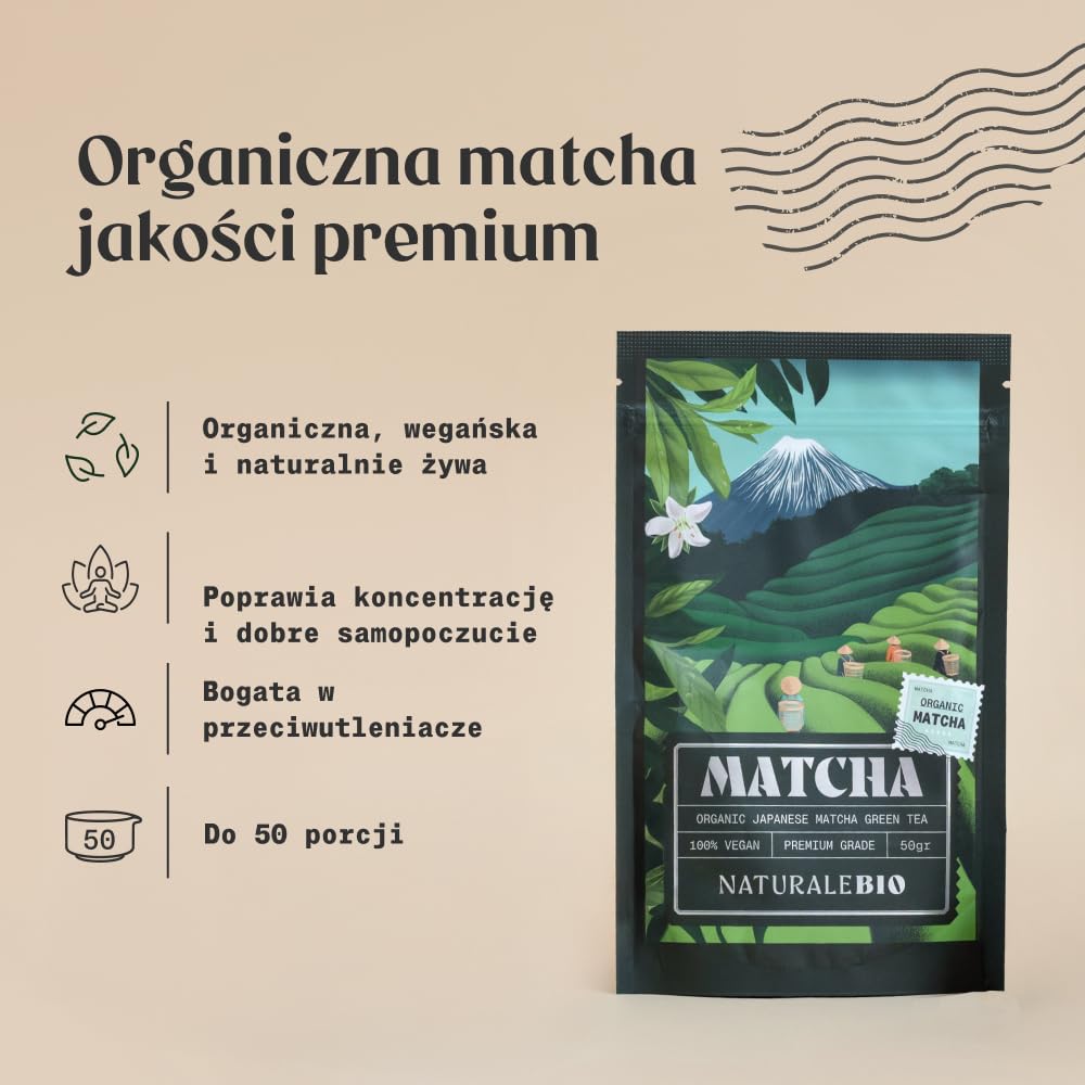 NaturaleBio Matcha Set Prezentowy 50 g Matcha Miotełka Miska | Zawiera 50 g premium matcha, bambusowy chasen, miskę, stojak i łyżeczkę. Gotowy zestaw prezentowy.