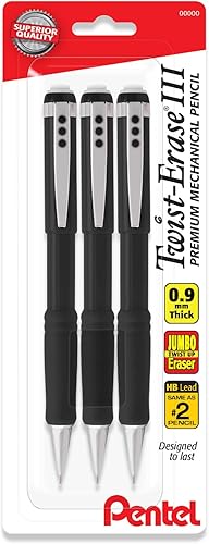 Miniatura 1 de Pentel Portaminas de 0.035 in Twist Erase III  Goma de borrar  Pre-cargado Super Hi-Polymer HB Lead  Barril negro  Paquete de 3  Punta gruesa