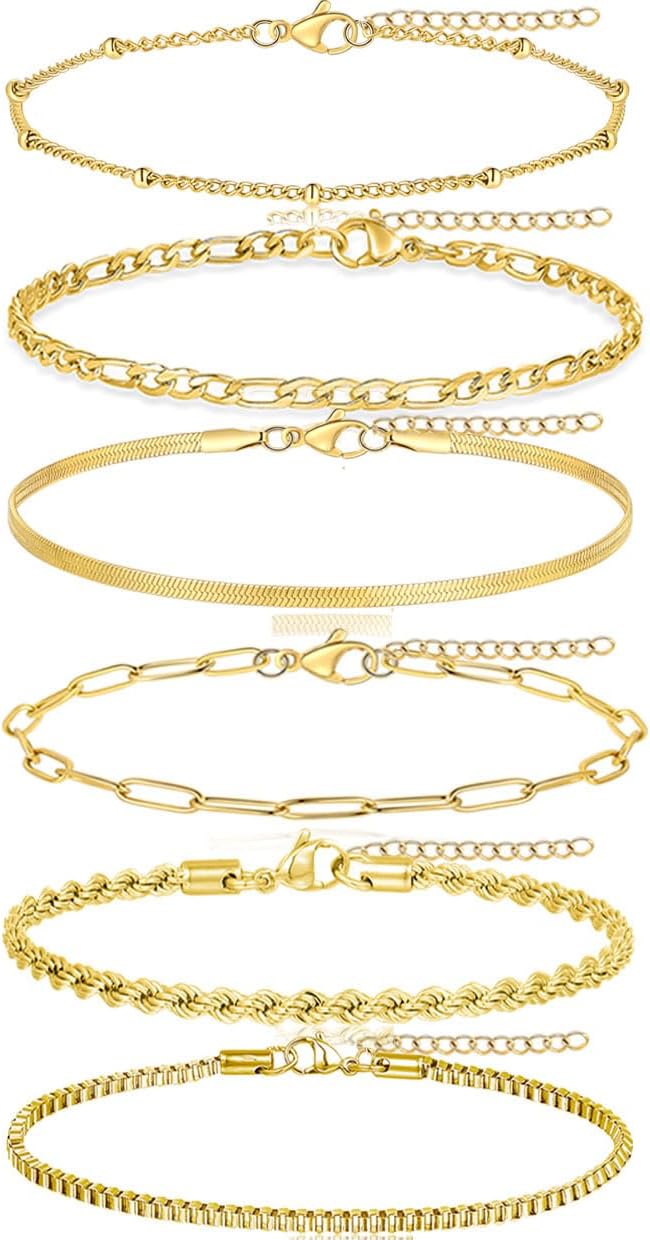 Tornito 6Pcs Gold Bracelets for Women 14K Gold Plated Stainless Steel Chain Bracelets Stackable Paperclip Satellite Figaro Box Rope Herring bone Link Bracelets Jewelry Sets 6.5 Inches Silver Gold Tone - Image 3