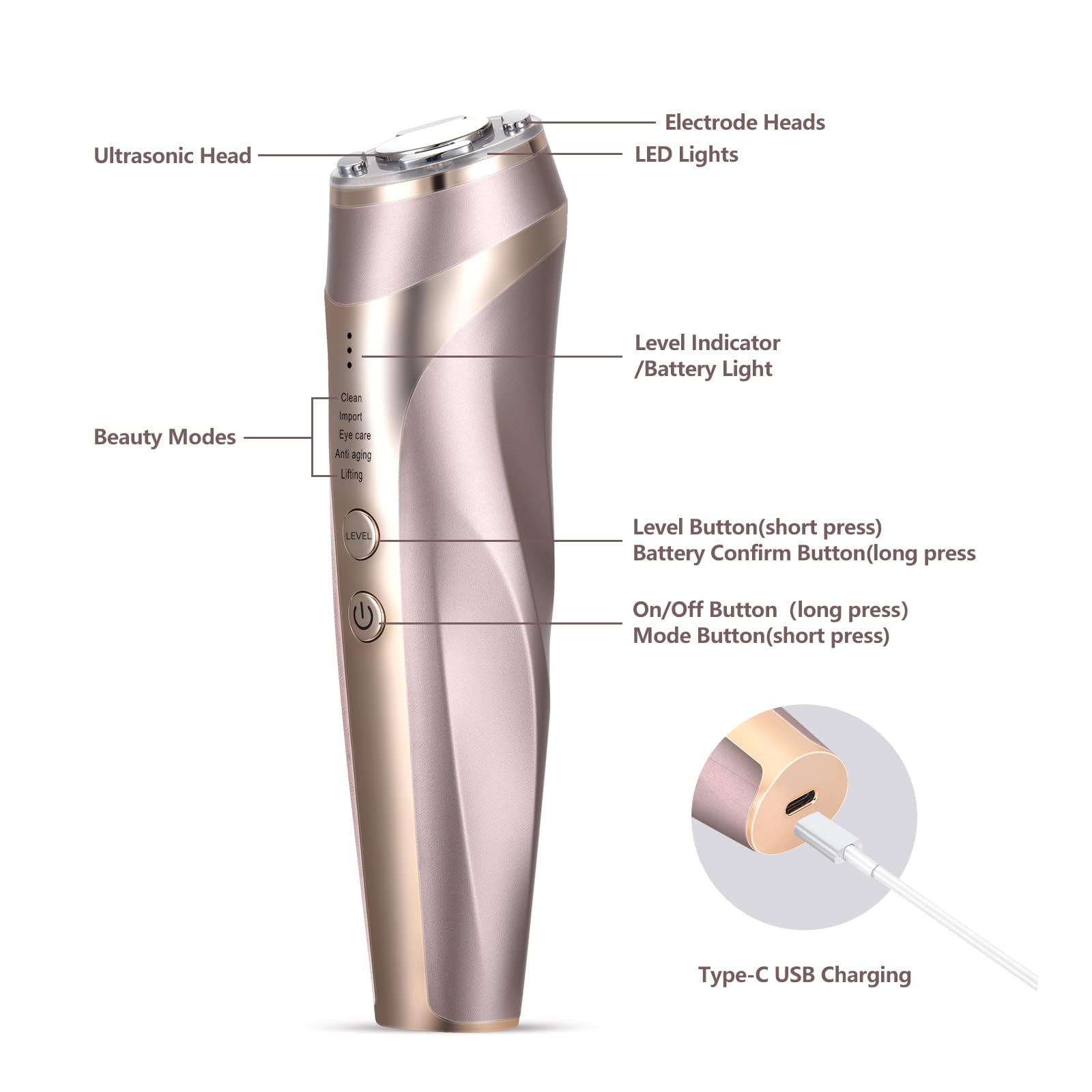 Radiofrequenz und Ultraschallgerät für das Gesicht,5 in 1 Gesichtsmassagegerät Faltenentferner RF EMS Lichttherapie,für Lifting Gesichtsmassage Anti Falten Anti-aging,USB Wiederaufladbar
