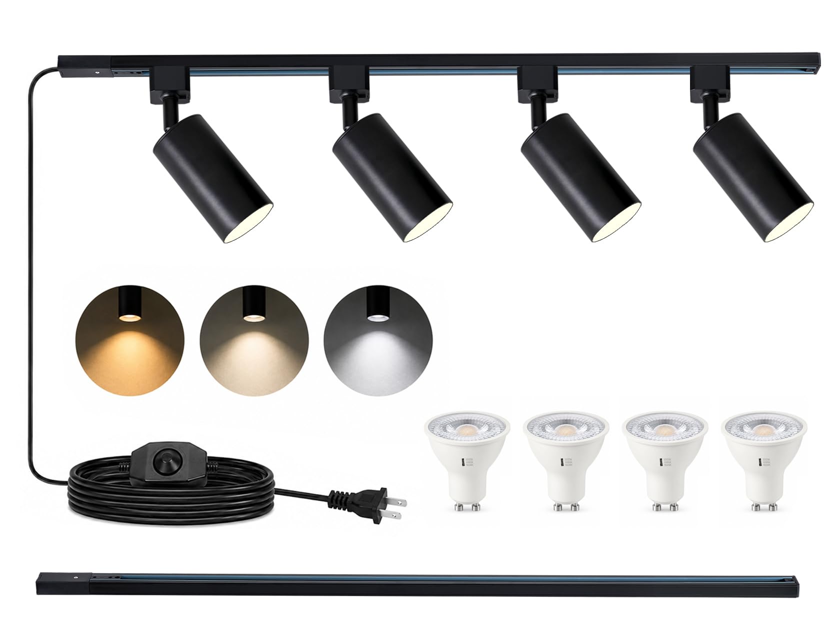 3-Color Plug in Track Lighting Dimmable with Power Cord, 4-Light Track Lighting Kit with 3.3FT H Type Track Lighting Rails, Modern Kitchen LED Track Lighting Fixtures Ceiling Spot Light, Black