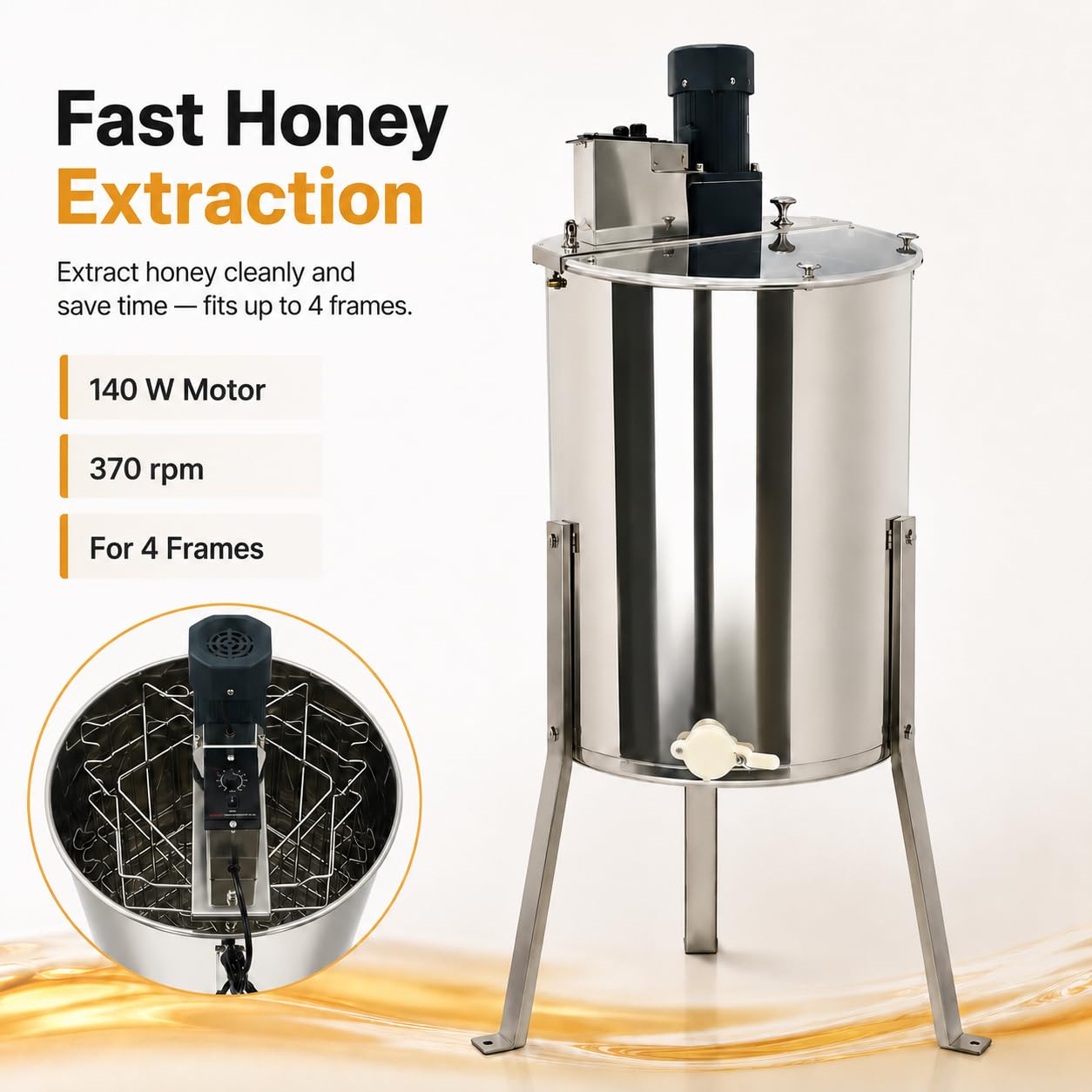 Elektrische Honigschleuder 140W Edelstahl Honigextractor 4 Rahmen Honig Extractor mit Acryl Deckel Elektro Tangentialschleuder für Honigindustrie, Geschäften