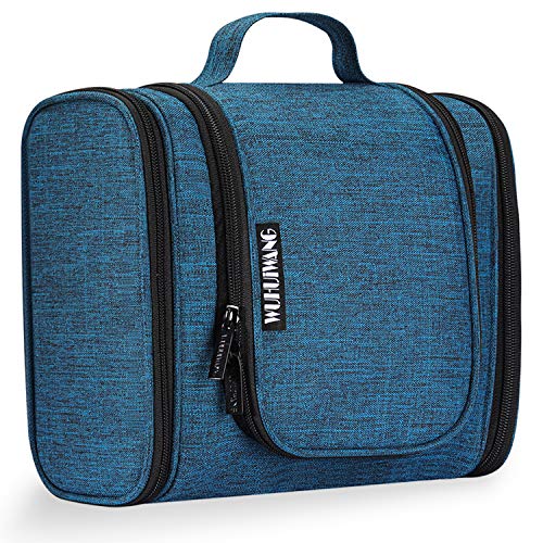 WUHUIWANG Hanging Travel Toiletry Bag for Men and Women, Large Capacity Bathroom Shower Organizer, Waterproof Shaving Dopp Kit Cosmetic Bags with Metal Hook (Blue)