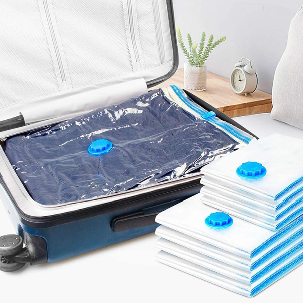Bolsas Envasar Al Vacio Ropa Bolsas de almacenamiento al vacío for ropa, ropa de cama, ahorradoras de espacio, paquete de sellado al vacío, bolsa organizadora comprimida plegable, 8 unidades(70x100)