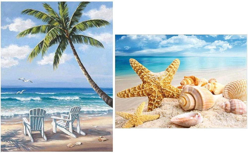 JRD DIY 2 Pack Diamond Painting Kits for Adults, Beach Diamond Painting Crystal Rhinestone Embroidery Pictures Arts Craft for Relaxation Gift(Canvas 12 X 16 Inch).