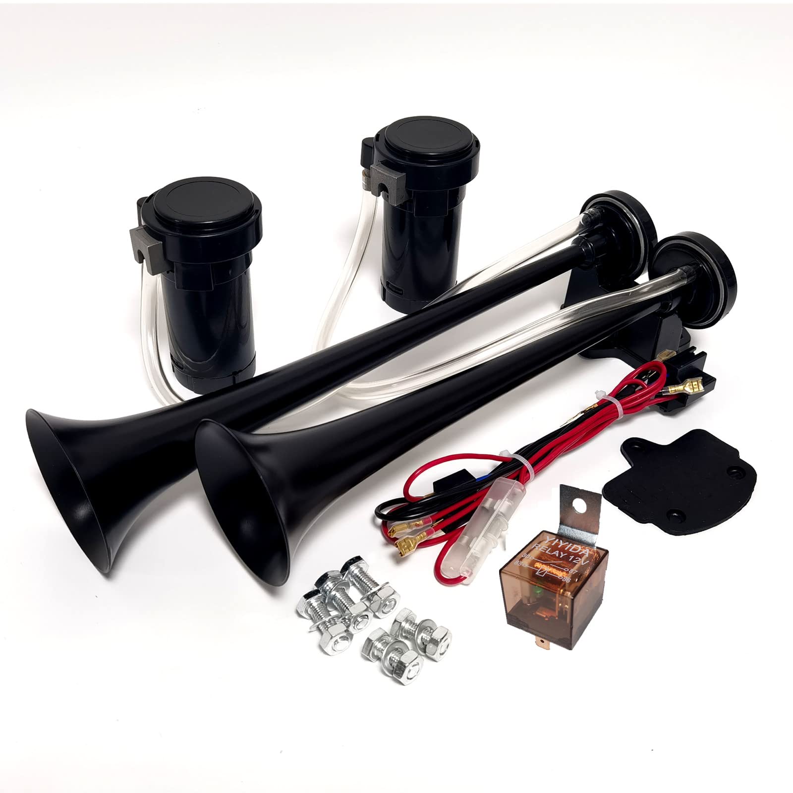 Autohupe Car Horn Lufthorn 12V Air Horn12V Schiffshupe mit hohem und niedrigem Ton 170db Drucklufthorn Schwarze LKW-Hupe Autolautsprecher mit Luftpumpe Trompete für 12V Wagen LKW Schiff etc