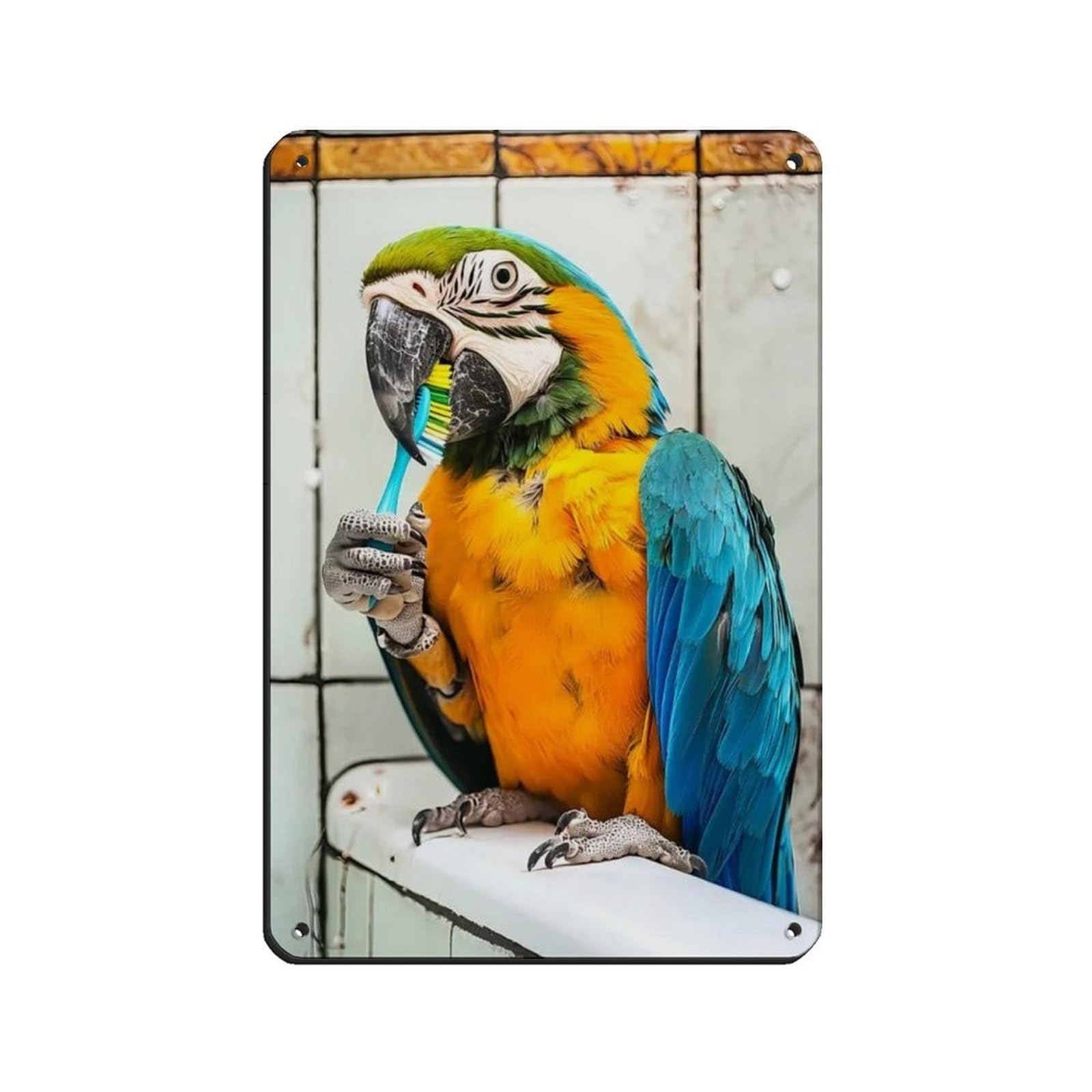Parrot Brushing Teeth, Funny Bathroom Art Tin Sign Vintage Metal Pub Club Cafe Bar Home Wall Art Decoration Poster Retro 8x12inch(20x30cm)