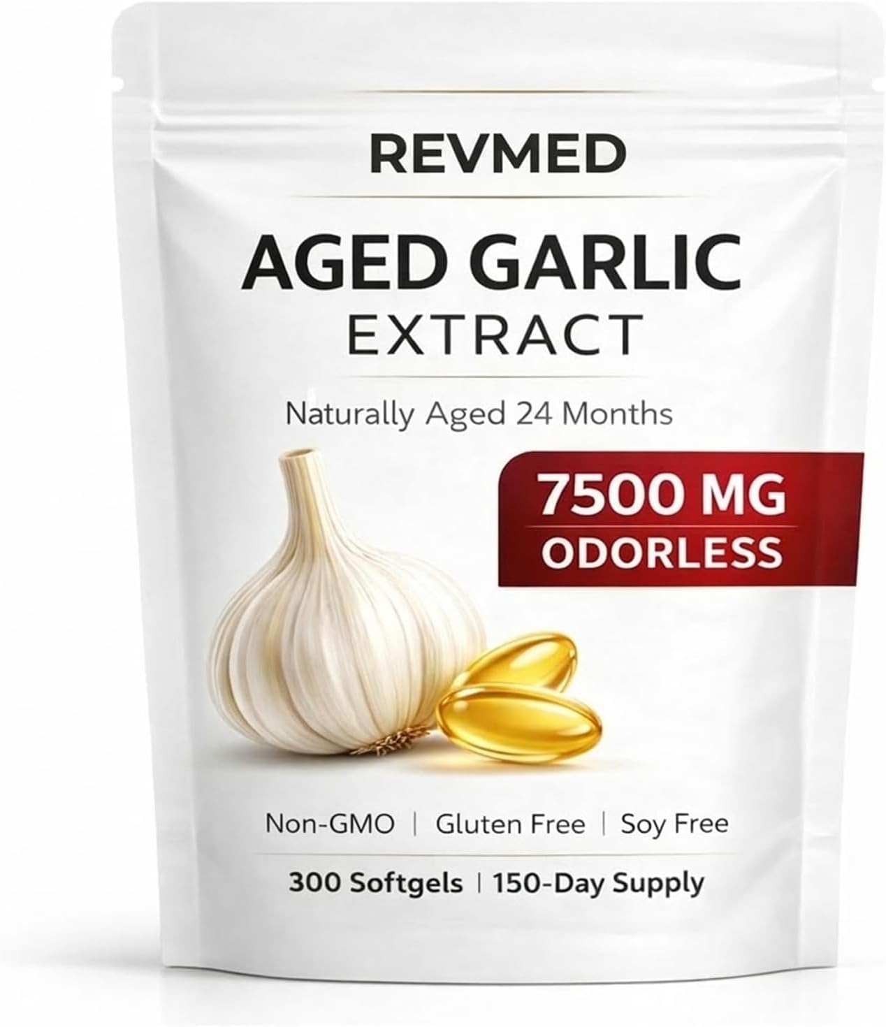 WNW Revmed Aged Garlic Extract, Naturally Aged 24 Months | Odorless Softgels | Non-GMO, Gluten & Soy Free | 300 Softgels(1pcs)