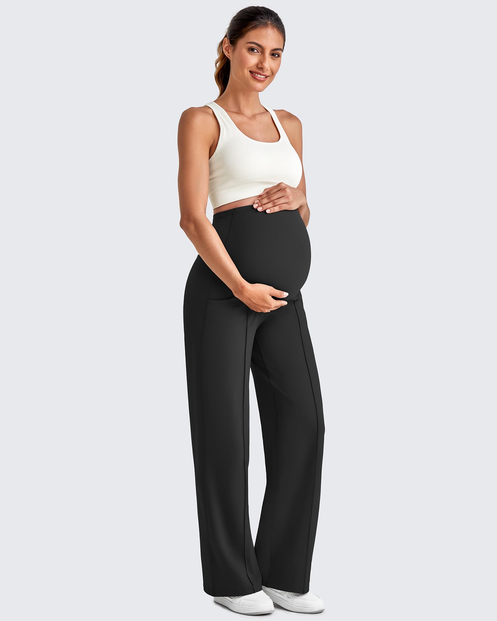 G4Free Umstandshose Damen Hohe Taille Yogahose Weites Bein Umstandsmode Schwangerschafts mit Taschen Lounge Hosen Freizeithose Stretch Gerade Hose