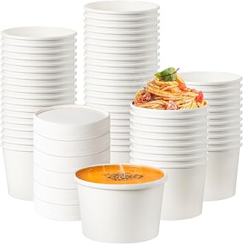 Fit Meal Prep 50 Pack 12 oz White Paper Soup Containers with Lids, Hot or Cold Disposable Restaurant Food Containers, Rolled Rim To Go Ice Cream Cups, Ideal for Salad Stews Frozen Yogurt Dessert