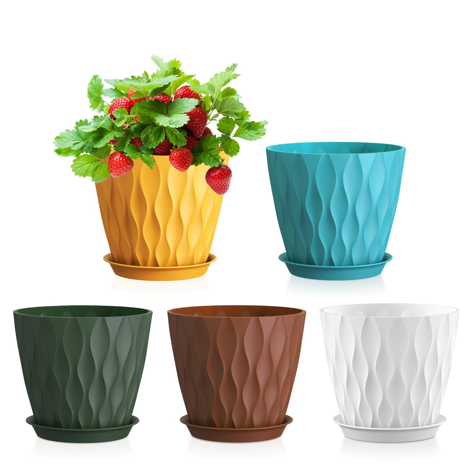 WSMKSZ 12,7 cm Blumentöpfe, 5er Set Dick Kunststoff Pflanztöpfe Innen mit Untersetzer & Abflusslöchern, 3D-Wellentextur Anzuchttöpfe für Sukkulenten, Kräuter, Aloe & Kleine Zimmerpflanzen, Bunt