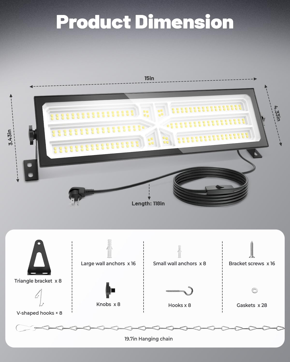 4 Pack Linkable LED Shop Light (Built-in Outlet) - 100W 15000LM Aluminum Plug in Garage Light w/ 9.84 ft Power Cord and On/Off Switch, 6000K Shop Lights for Garage, Workshop