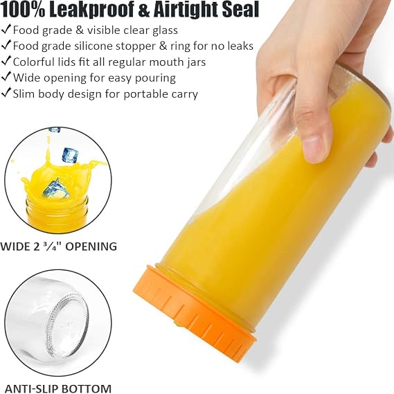 Glass Drinking Bottle Travel Drinking Jars 6 Pack, 16oz Mason Jars Regular Mouth Beverage Bottle with Airtight Lids &Straws, Reusable Water Bottle Skinny Tumbler for Juice/Smoothies,/Kombucha/Tea/Milk