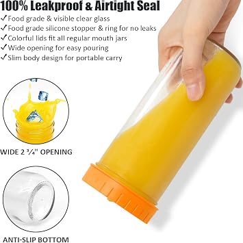 Glass Drinking Bottle Travel Drinking Jars 6 Pack, 16oz Mason Jars Regular Mouth Beverage Bottle with Airtight Lids &Straws, Reusable Water Bottle Skinny Tumbler for Juice/Smoothies,/Kombucha/Tea/Milk