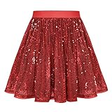 Girls Sparkly Skirt Elastic Waist Pleated Glitter Sequin Dance Skirt 7-8 Y, Red