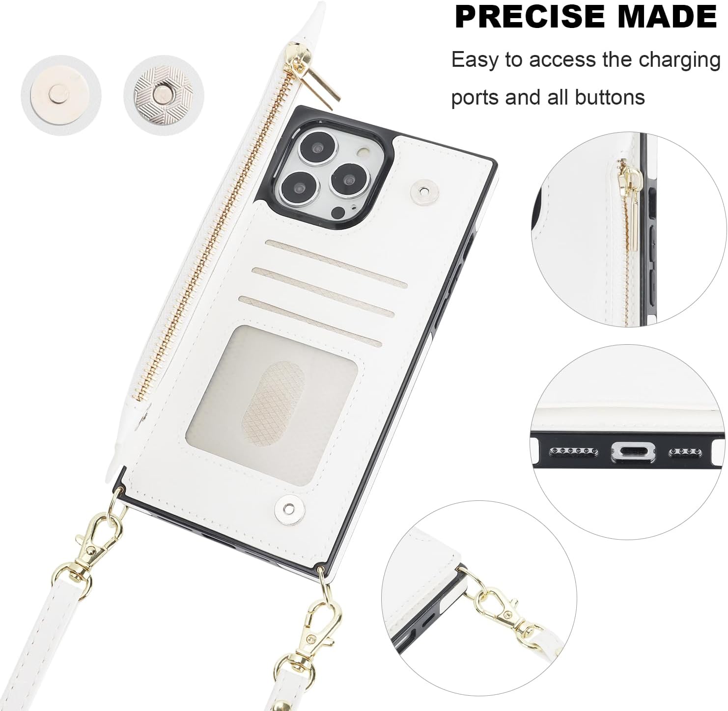 Bocasal Crossbody Wallet Case for iPhone 13 Pro Max with RFID Blocking Card Slot Holder, Magnetic Flip Folio Purse Case, PU Leather Zipper Handbag with Detachable Lanyard Strap 6.7 Inch 5G (White)