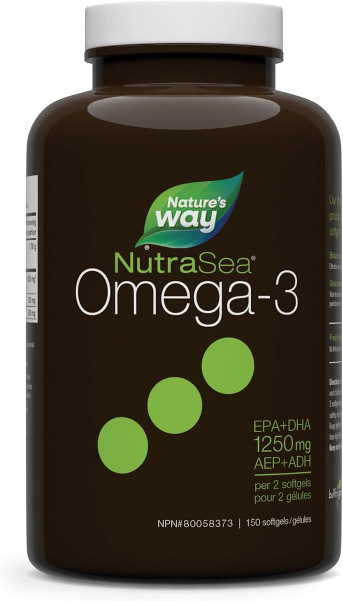 NutraSea Nature's Way NutraSea Omega 3 Liquid Gels Supplement with Fish Oil – Fresh Mint Flavour – Heart & Brain Support for Adults and Kids Ages 6+ – EPA & DHA, 150 Softgels