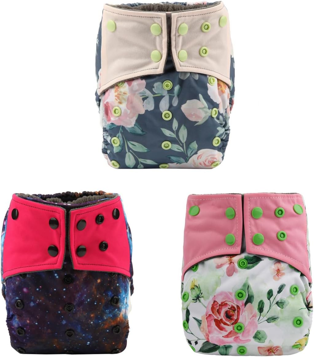 3 AIll in One Night AIO Cloth Diapers Nappy Bulit in Insert Reusable Washable for Girls (Flowers Pack)