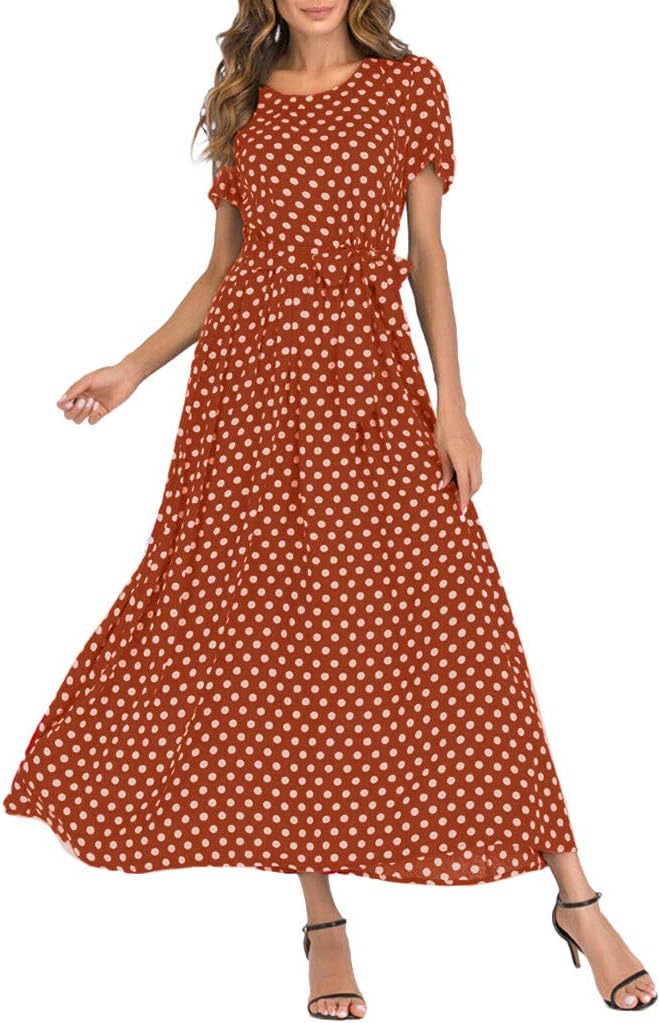 kingfansion Women dress Women's Vintage Crew Neck Polka Dot Bandage Maxi Dresses