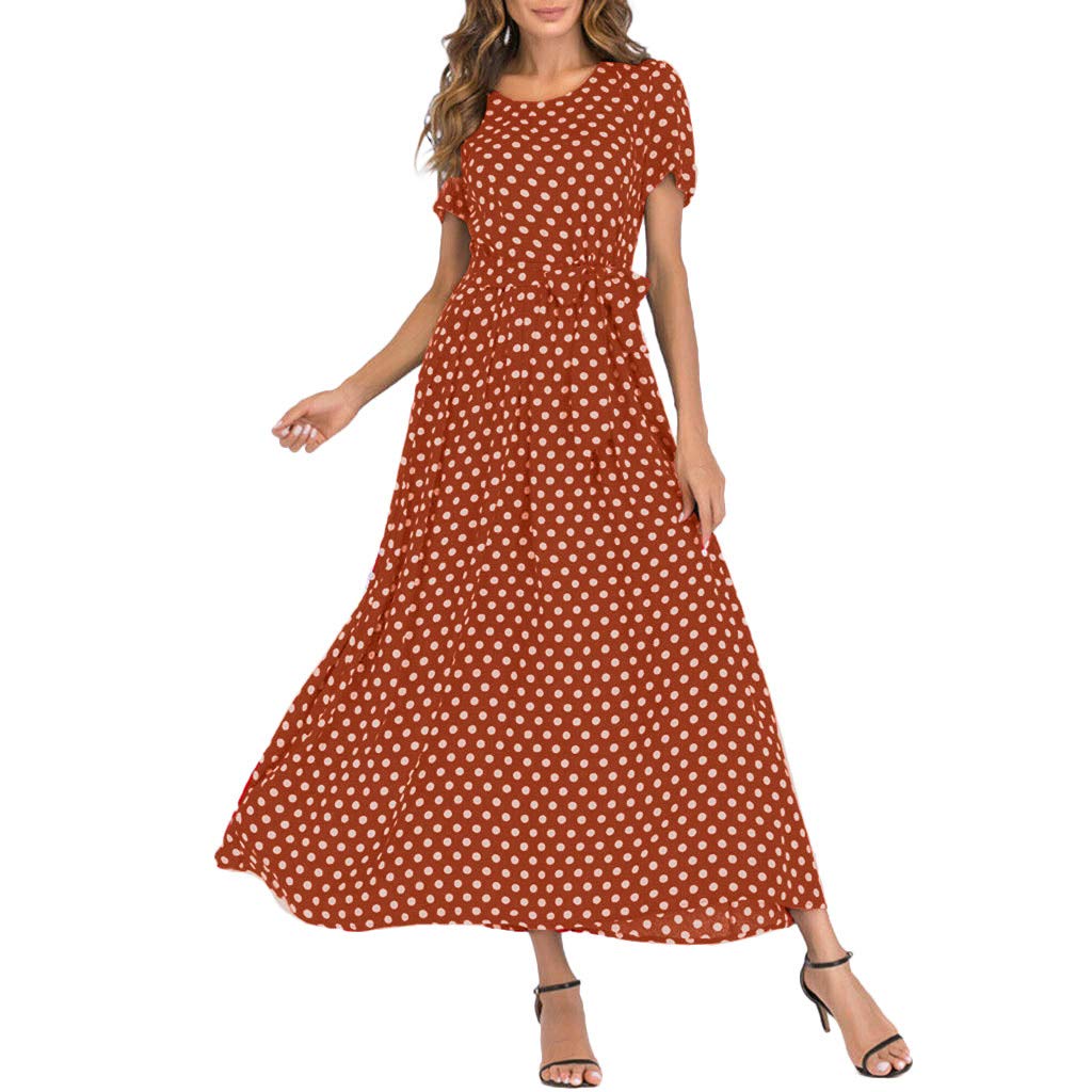 kingfansion Women dress Women's Vintage Crew Neck Polka Dot Bandage Maxi Dresses